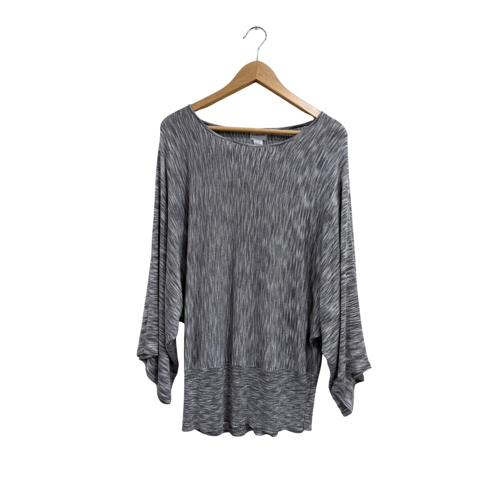 Chicos Grey Space Dye Metallic Dolman Sleeve Knit Tunic Top Size 3 XL